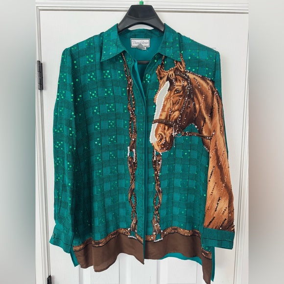 Vintage Diane Gilman Horse Sequin Blouse 100% Silk 2X - Picture 2 of 12